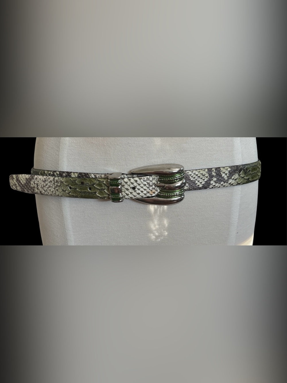 Vera Pelle White Snakeskin-Texture Belt with Silver & Green Buckle